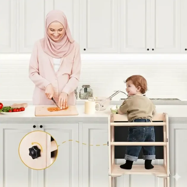 برج تعليمي قابل للطي مع سبورة، وكرسي مطبخ خشبي مساعد للأطفال